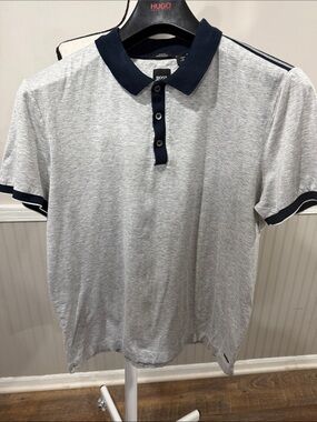 Hugo Boss Light Gray Polo with Navy Collar and Trim